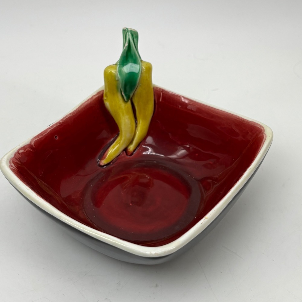 Vintage Italy Ceramic Chili Pepper Bowl Red Black Square Pottery Hand Painted